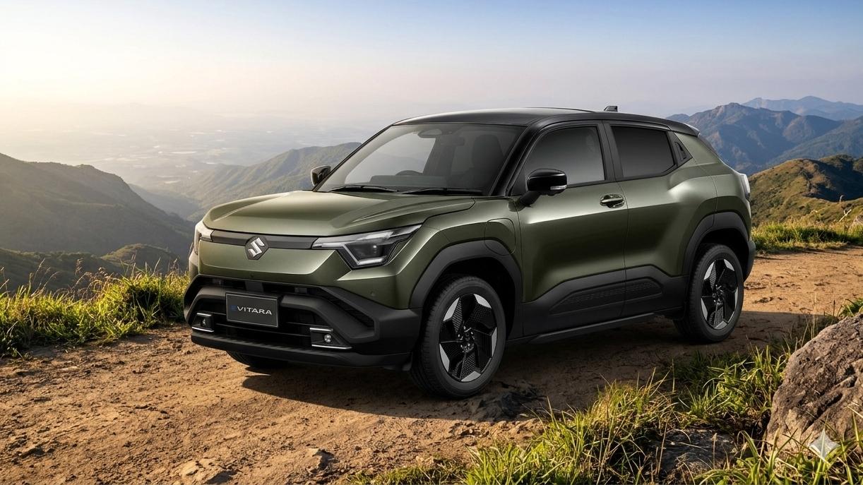 Suzuki e-Vitara GLX in Land Breeze Green Metallic Pearl with a Bluish Black Pearl roof on a mountain pass road